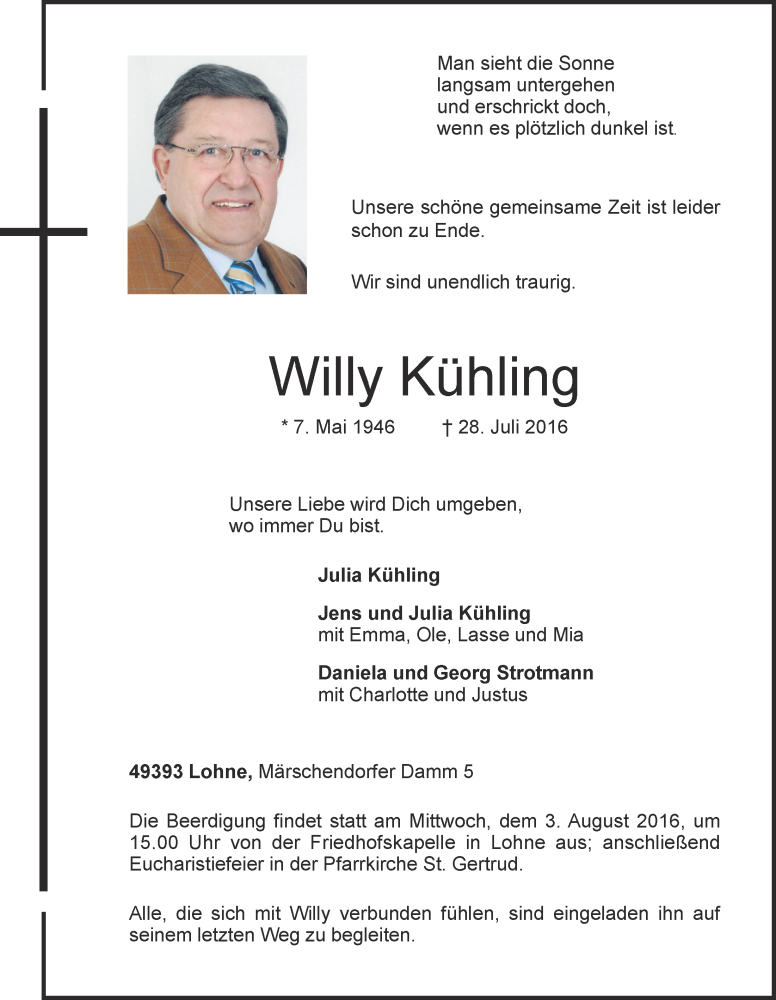  Traueranzeige für Willy Kühling vom 30.07.2016 aus OM-Medien