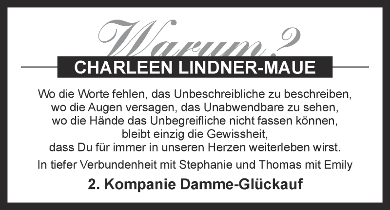  Traueranzeige für Charleen Lindner-Maue vom 19.07.2016 aus OM-Medien
