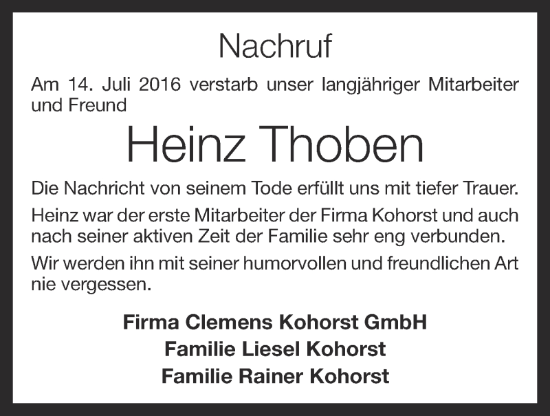  Traueranzeige für Heinz Thoben vom 18.07.2016 aus OM-Medien