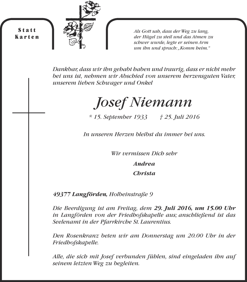  Traueranzeige für Josef Niemann vom 27.07.2016 aus OM-Medien