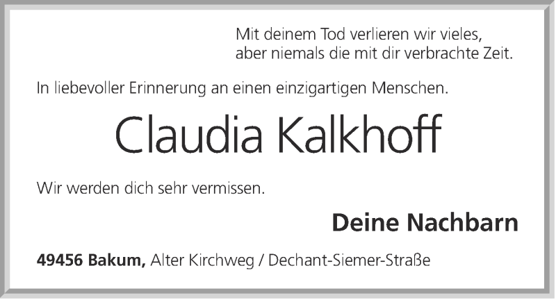  Traueranzeige für Claudia Kalkhoff vom 19.07.2016 aus OM-Medien