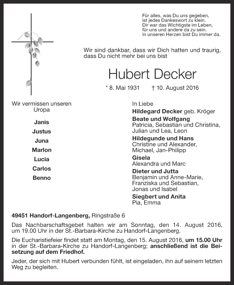  Traueranzeige für Hubert Decker vom 11.08.2016 aus OM-Medien