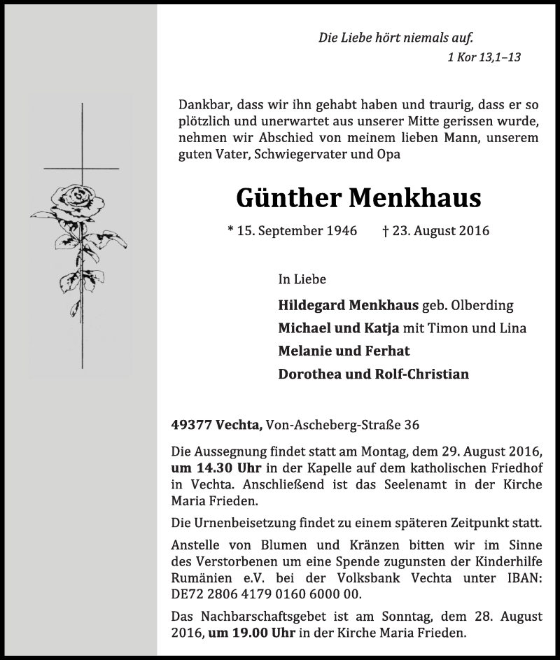  Traueranzeige für Günther Menkhaus vom 26.08.2016 aus OM-Medien