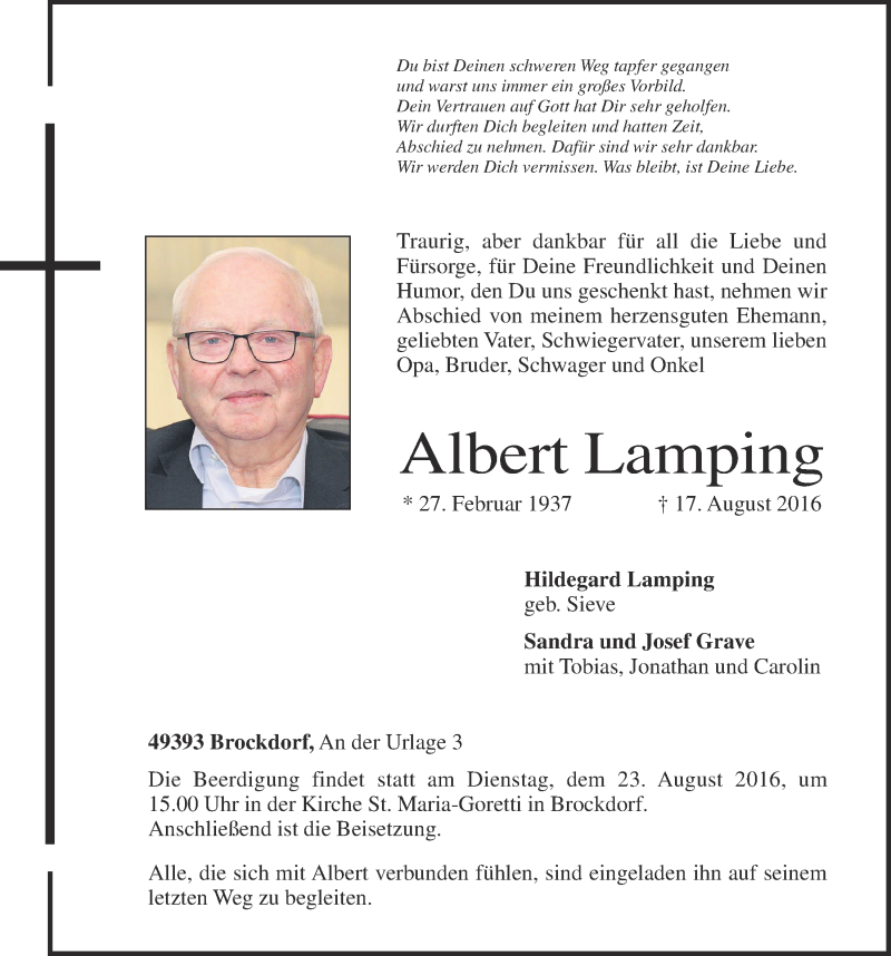  Traueranzeige für Albert Lamping vom 20.08.2016 aus OM-Medien