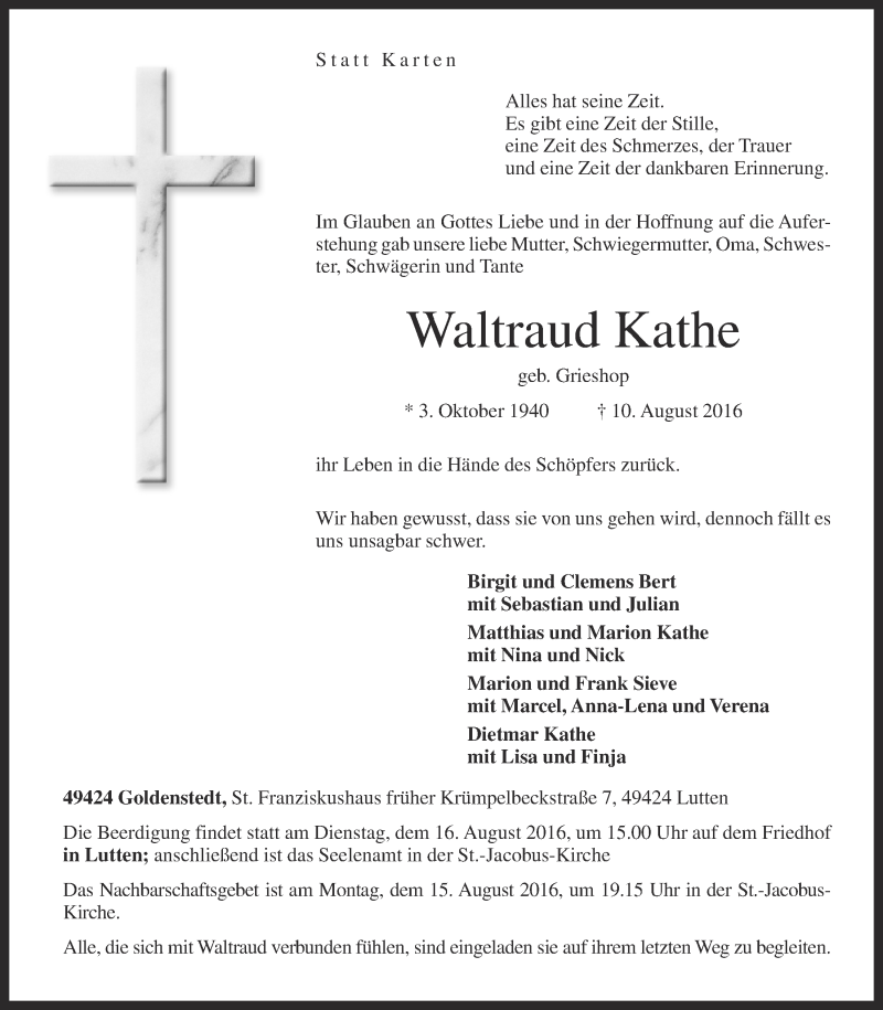  Traueranzeige für Waltraud Kathe vom 12.08.2016 aus OM-Medien
