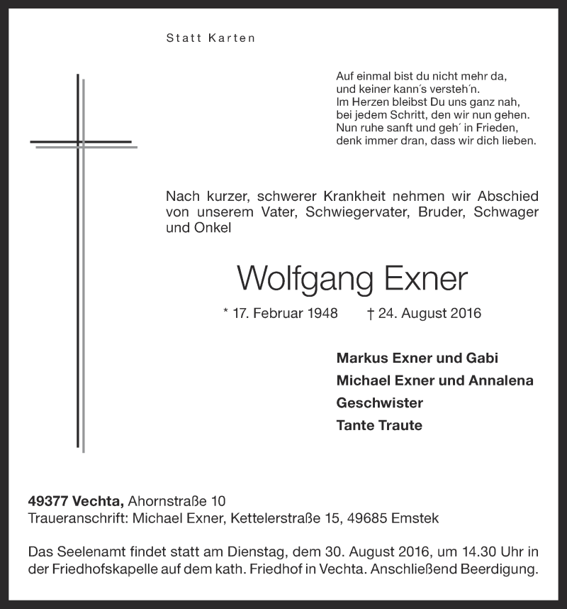  Traueranzeige für Wolfgang Exner vom 26.08.2016 aus OM-Medien