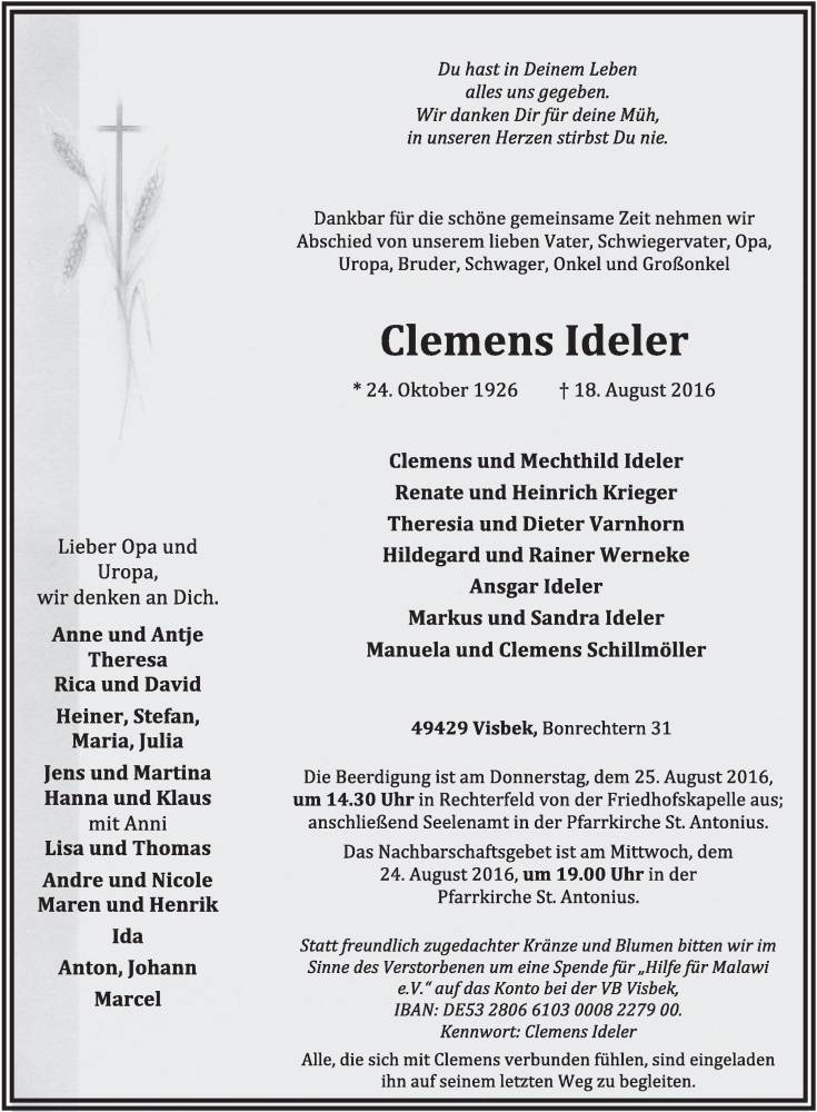  Traueranzeige für Clemens Ideler vom 20.08.2016 aus OM-Medien