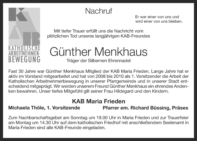  Traueranzeige für Günther Menkhaus vom 27.08.2016 aus OM-Medien