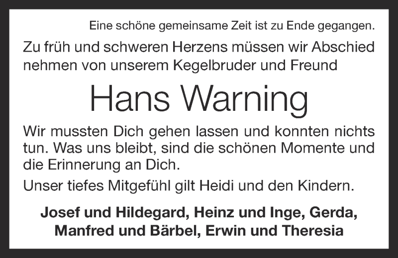  Traueranzeige für Hans Warning vom 16.08.2016 aus OM-Medien