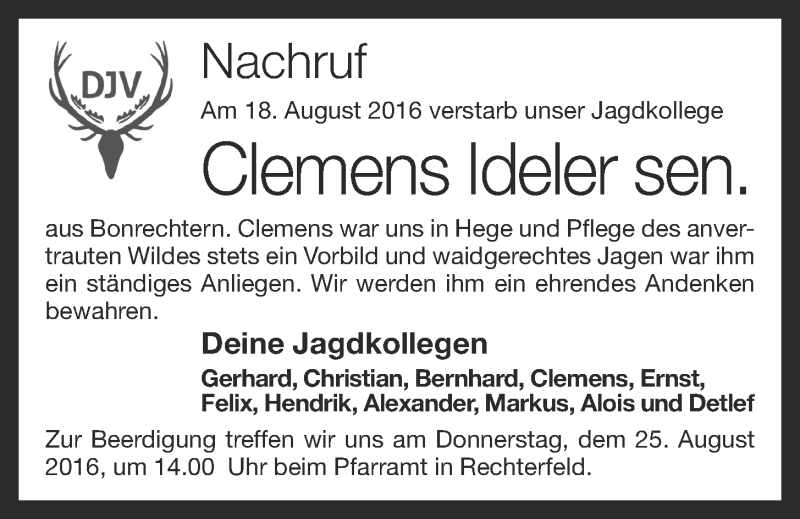  Traueranzeige für Clemens Ideler vom 22.08.2016 aus OM-Medien