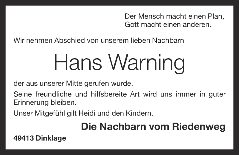  Traueranzeige für Hans Warning vom 16.08.2016 aus OM-Medien
