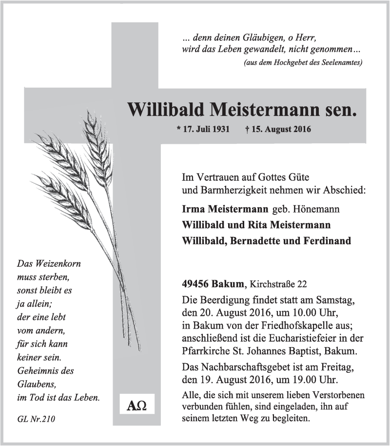  Traueranzeige für Willibald Meistermann vom 17.08.2016 aus OM-Medien