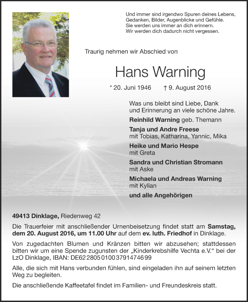  Traueranzeige für Hans Warning vom 13.08.2016 aus OM-Medien