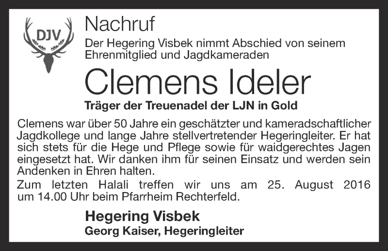 Traueranzeige für Clemens Ideler vom 23.08.2016 aus OM-Medien