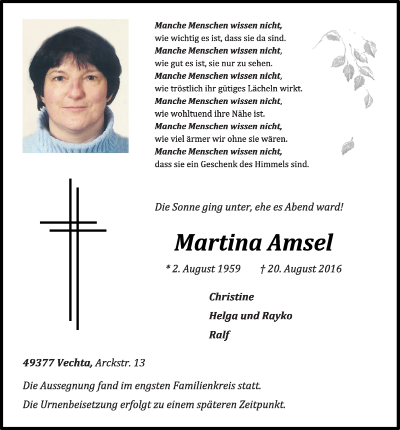  Traueranzeige für Martina Amsel vom 25.08.2016 aus OM-Medien