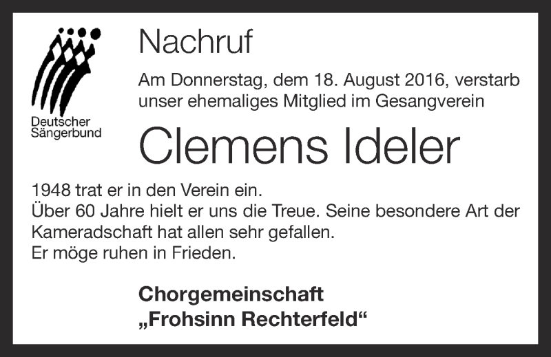  Traueranzeige für Clemens Ideler vom 23.08.2016 aus OM-Medien