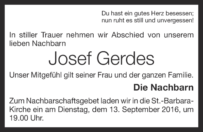  Traueranzeige für Josef Gerdes vom 10.09.2016 aus OM-Medien