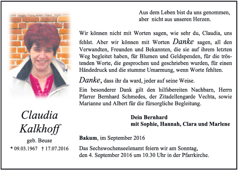  Traueranzeige für Claudia Kalkhoff vom 02.09.2016 aus OM-Medien