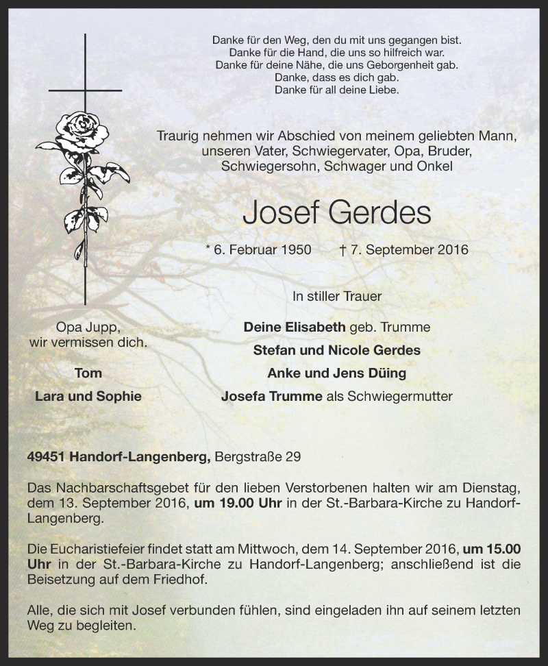  Traueranzeige für Josef Gerdes vom 10.09.2016 aus OM-Medien