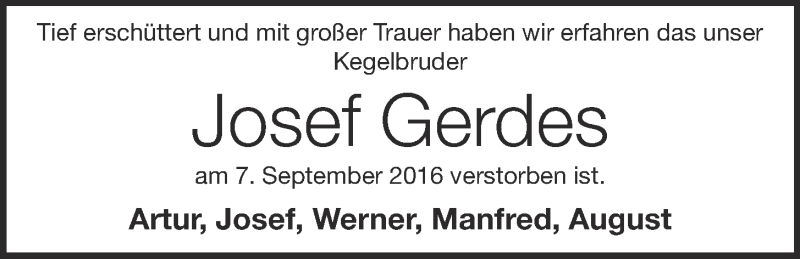  Traueranzeige für Josef Gerdes vom 12.09.2016 aus OM-Medien
