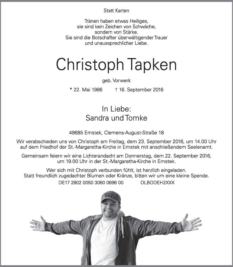  Traueranzeige für Christoph Tapken vom 21.09.2016 aus OM-Medien