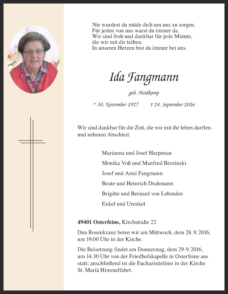  Traueranzeige für Ida Fangmann vom 26.09.2016 aus OM-Medien