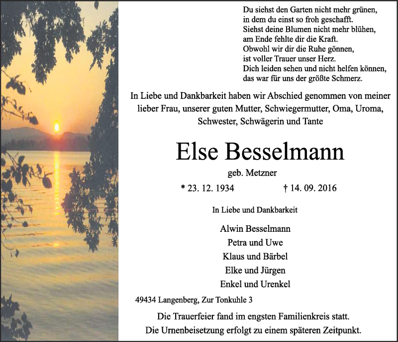  Traueranzeige für Else Besselmann vom 20.09.2016 aus OM-Medien