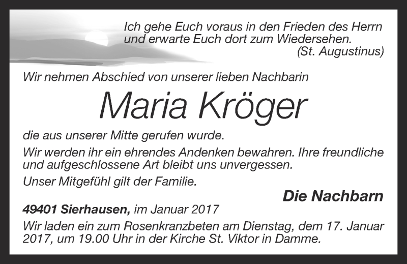  Traueranzeige für Maria Kröger vom 16.01.2017 aus OM-Medien