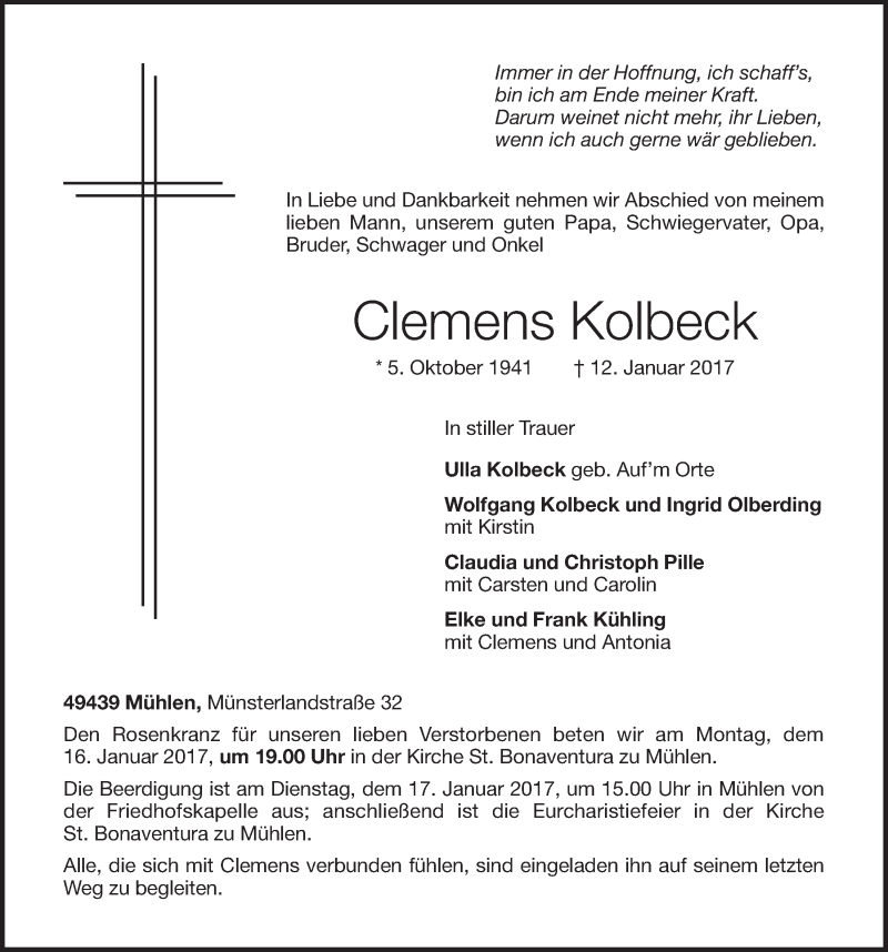  Traueranzeige für Clemens Kolbeck vom 13.01.2017 aus OM-Medien