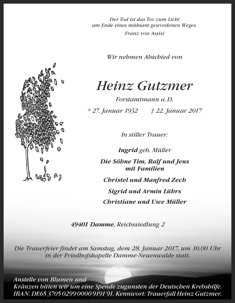  Traueranzeige für Heinz Gutzmer vom 25.01.2017 aus OM-Medien