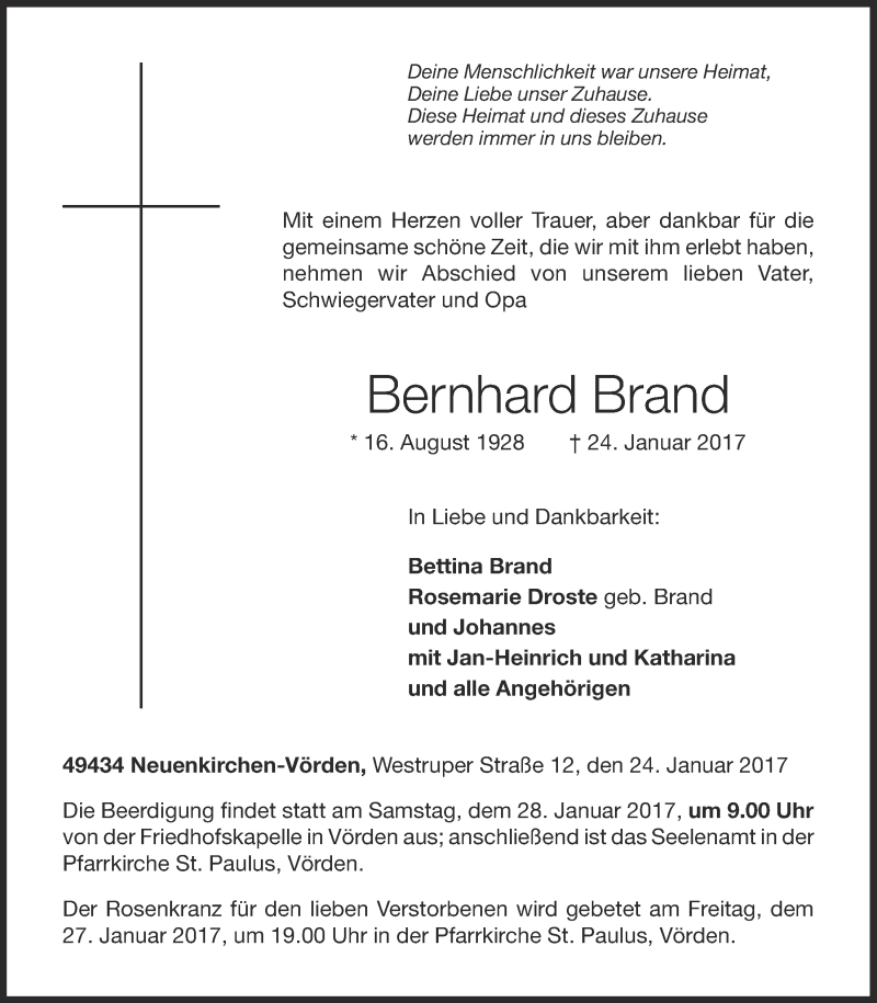  Traueranzeige für Bernhard Brand vom 26.01.2017 aus OM-Medien