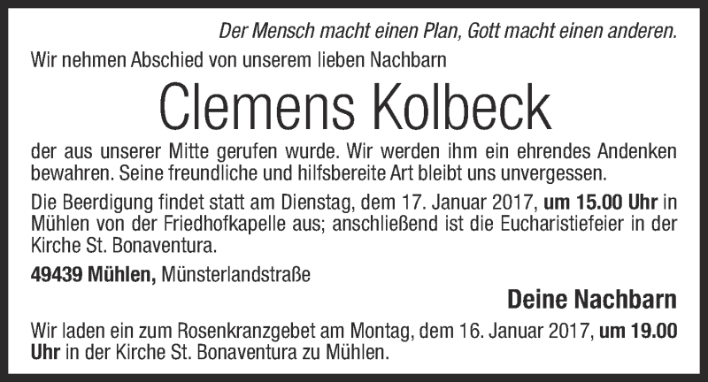  Traueranzeige für Clemens Kolbeck vom 14.01.2017 aus OM-Medien