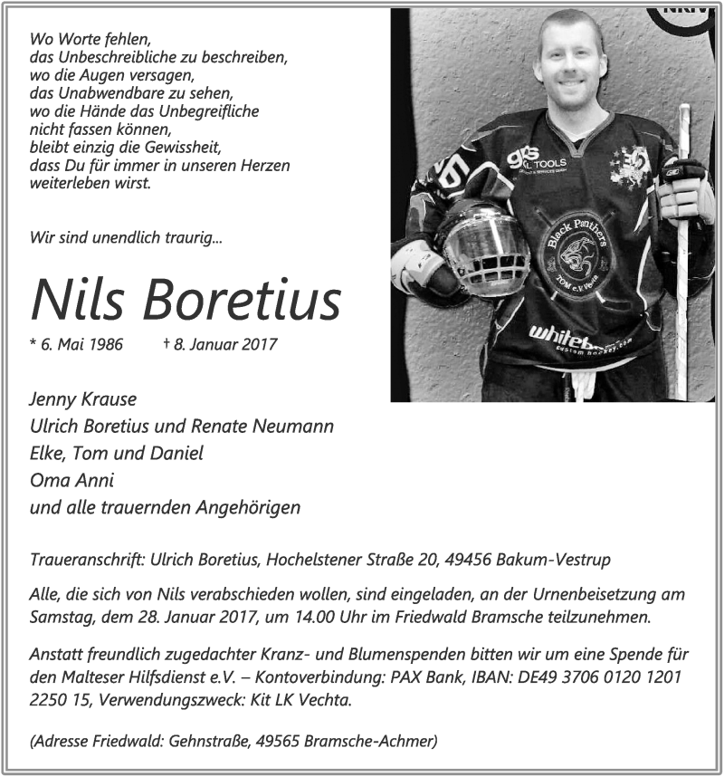  Traueranzeige für Nils Boretius vom 17.01.2017 aus OM-Medien