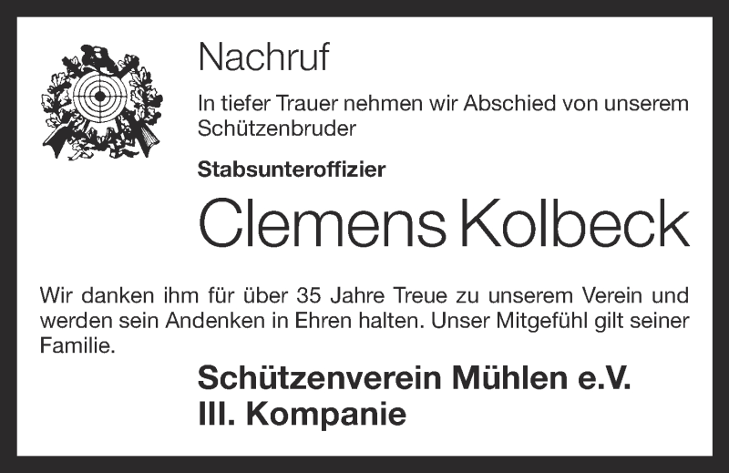  Traueranzeige für Clemens Kolbeck vom 14.01.2017 aus OM-Medien