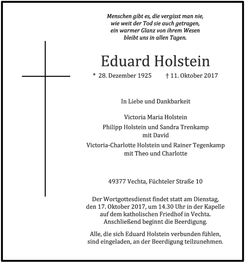  Traueranzeige für Eduard Holstein vom 13.10.2017 aus OM-Medien