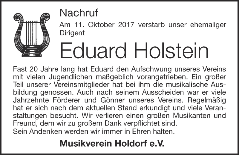  Traueranzeige für Eduard Holstein vom 14.10.2017 aus OM-Medien