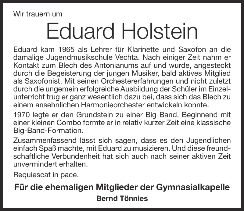  Traueranzeige für Eduard Holstein vom 14.10.2017 aus OM-Medien