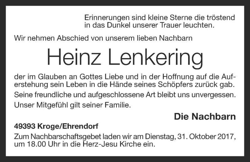  Traueranzeige für Heinz Lenkering vom 30.10.2017 aus OM-Medien