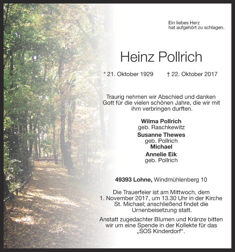  Traueranzeige für Heinz Pollrich vom 25.10.2017 aus OM-Medien