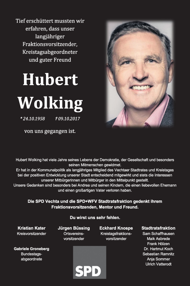 Traueranzeige für Hubert Wolking vom 13.10.2017 aus OM-Medien