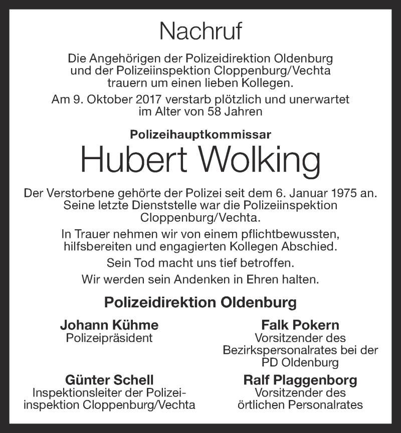  Traueranzeige für Hubert Wolking vom 13.10.2017 aus OM-Medien