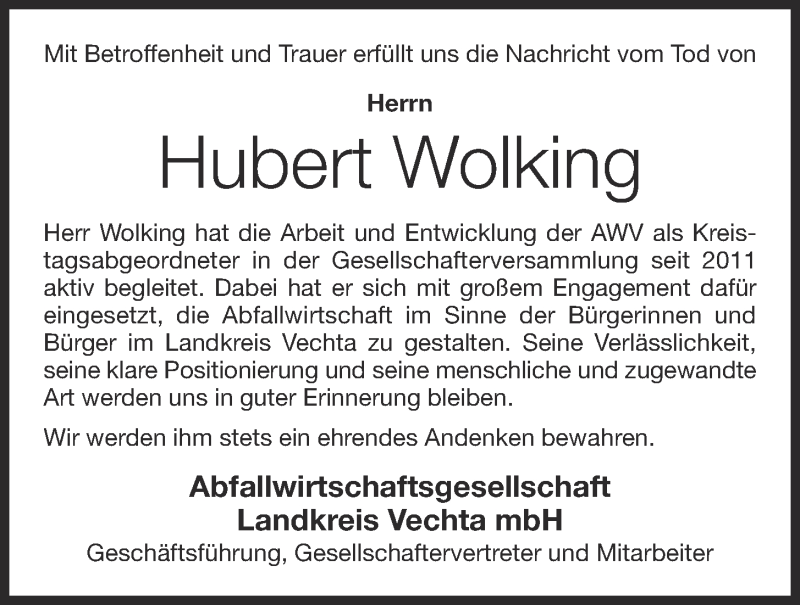  Traueranzeige für Hubert Wolking vom 14.10.2017 aus OM-Medien