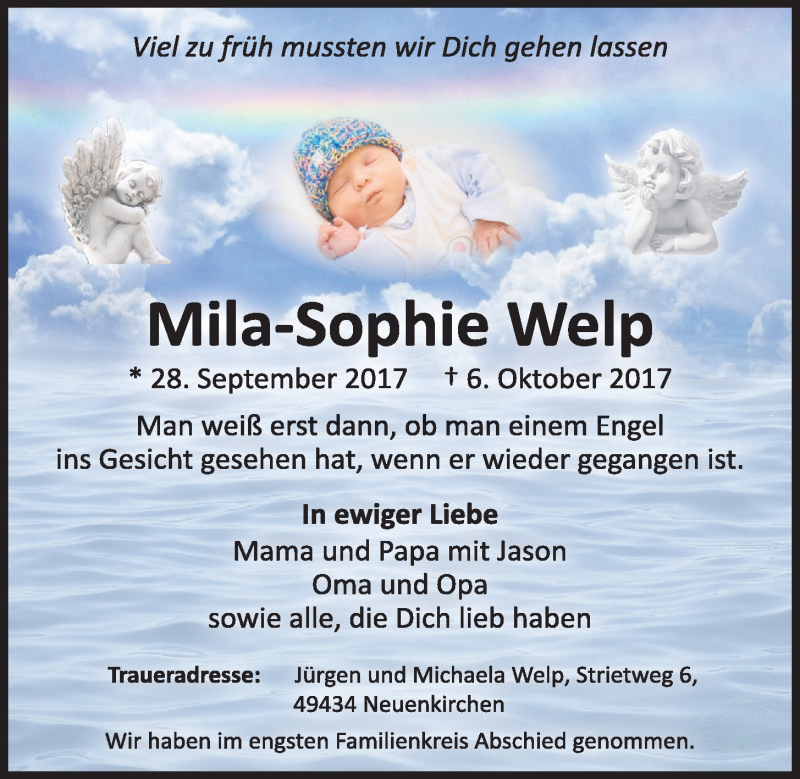  Traueranzeige für Mila-Sophie Welp vom 16.10.2017 aus OM-Medien
