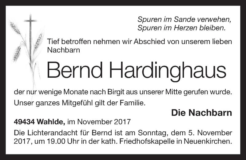  Traueranzeige für Bernd Hardinghaus vom 04.11.2017 aus OM-Medien