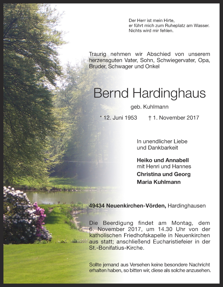  Traueranzeige für Bernd Hardinghaus vom 03.11.2017 aus OM-Medien