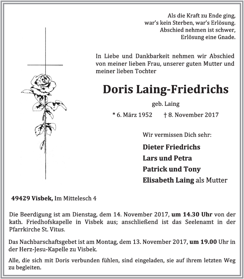  Traueranzeige für Doris Laing-Friedrichs vom 11.10.2017 aus OM-Medien