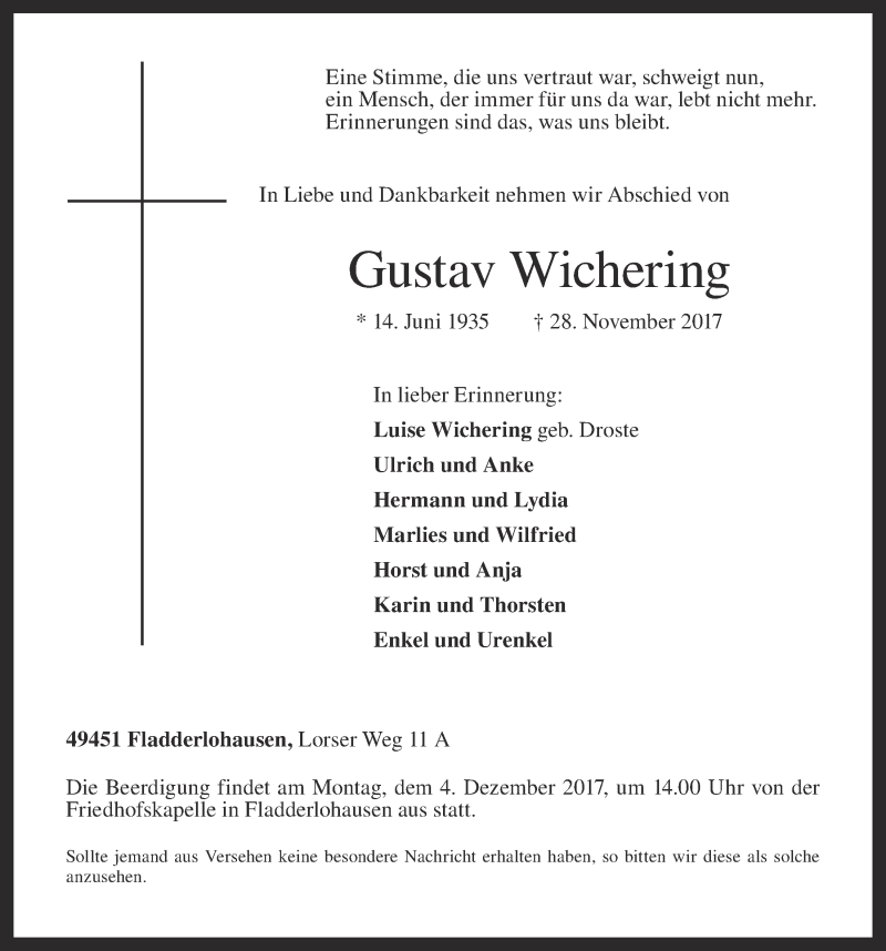  Traueranzeige für Gustav Wichering vom 30.11.2017 aus OM-Medien