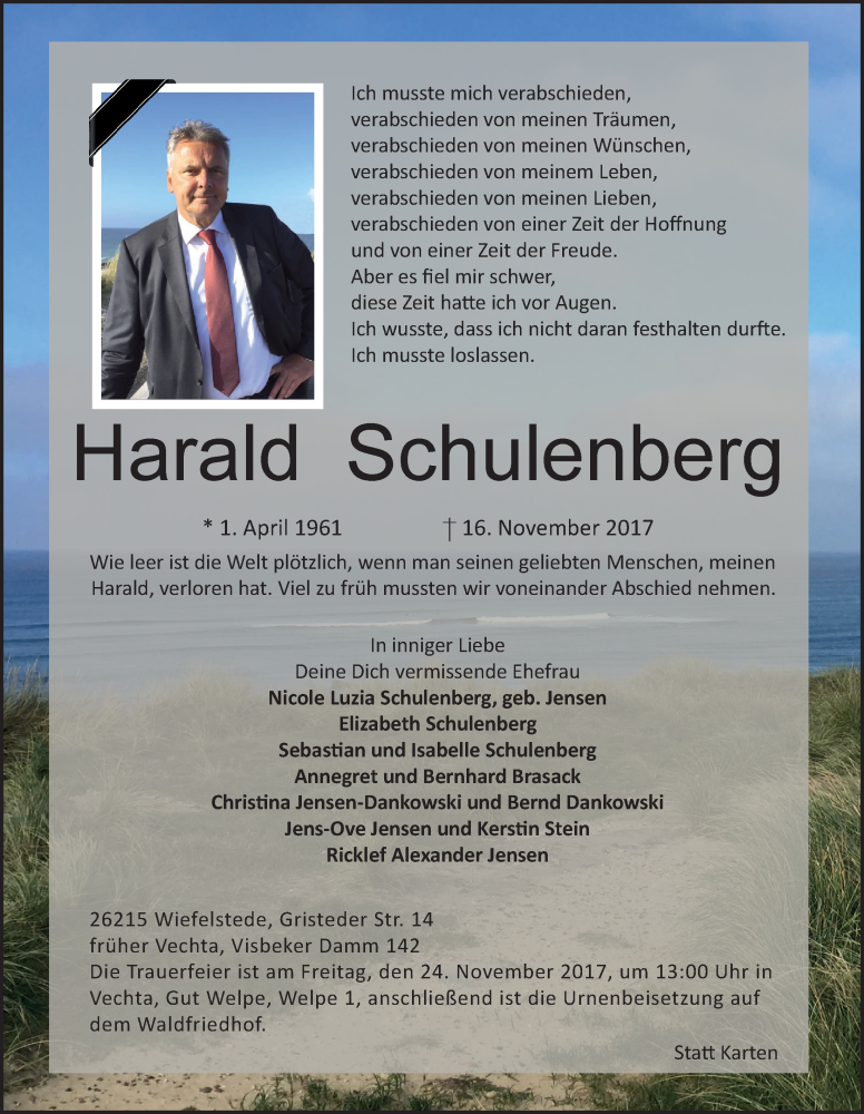  Traueranzeige für Harald Schulenberg vom 20.11.2017 aus OM-Medien