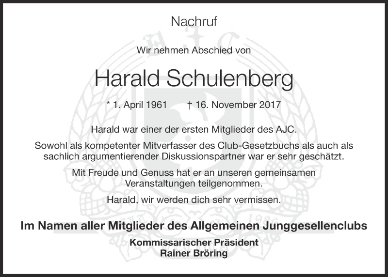  Traueranzeige für Harald Schulenberg vom 21.11.2017 aus OM-Medien