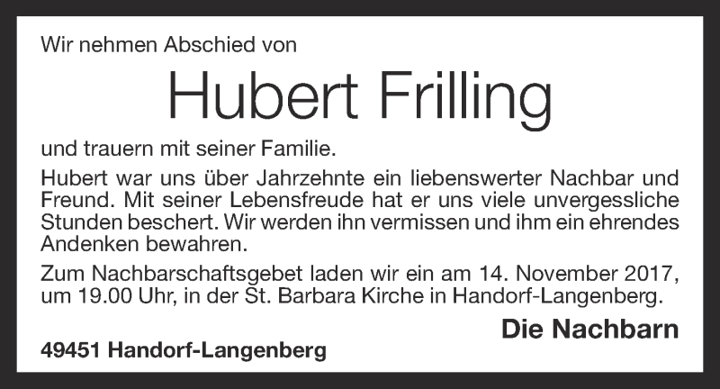  Traueranzeige für Hubert Frilling vom 13.11.2017 aus OM-Medien